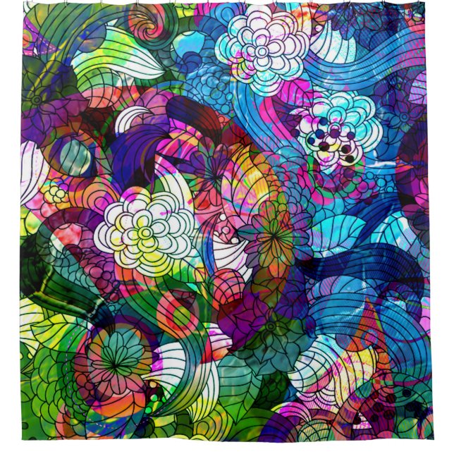 Farbige Retro-Blume Duschvorhang (Vorderseite)