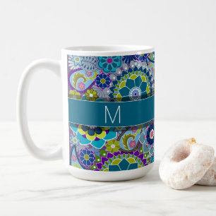 Farbige Retro-Blume mit Monogramm Kaffeetasse