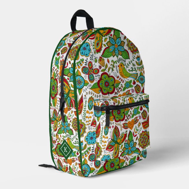 Farbige Retro-Blume und Schmetterlingsmuster Bedruckter Rucksack (Rückseitige Ecke links)