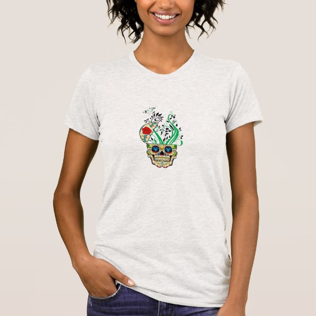 Farbige Retro Blumenzucker Schädel Rote Rosen T-Shirt (Vorderseite)