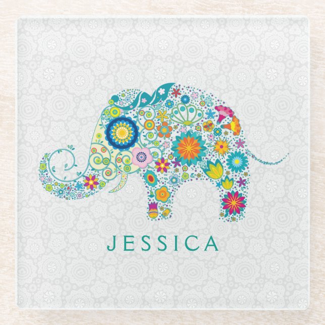 Farbige Retro-Elephant-Illustration Glasuntersetzer (Vorderseite)