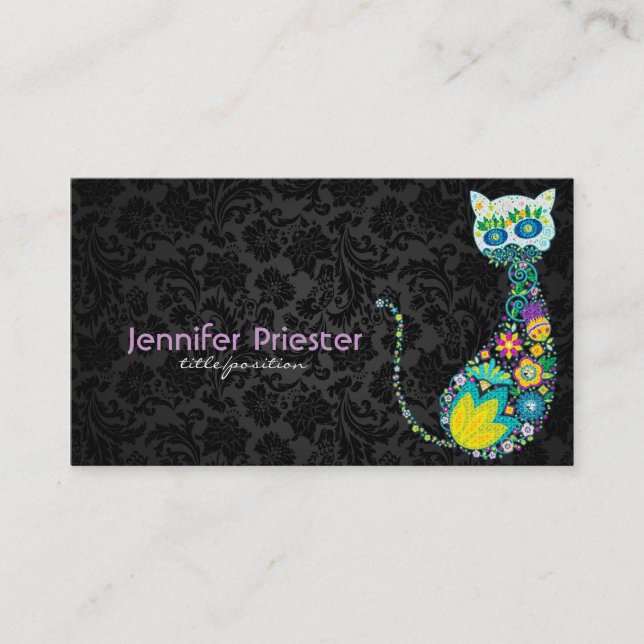 Farbige Retro-Floral Katze und schwarze Damaskus Visitenkarte (Vorderseite)