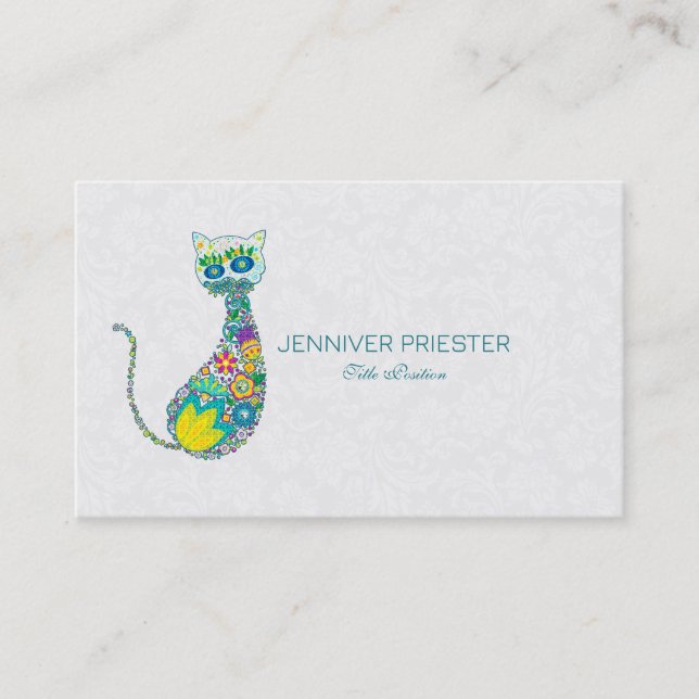 Farbige Retro Floral Katze und weiße Damaskus Visitenkarte (Vorderseite)
