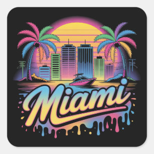 Farbige Retro-Miami-Vaporwave-Reisekunst Quadratischer Aufkleber