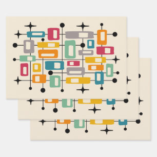 Farbige Retro-Mitte-des-Jahrhunderts-Moderne-Atom- Geschenkpapier Set