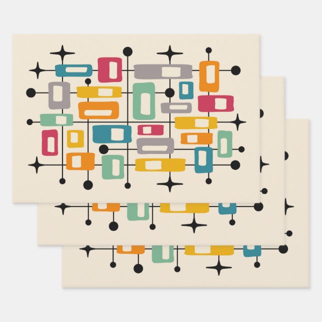 Farbige Retro-Mitte-des-Jahrhunderts-Moderne-Atom- Geschenkpapier Set (Set)