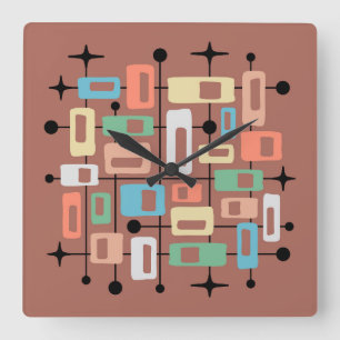 Farbige Retro-Mitte des Jahrhunderts Moderne Atoma Quadratische Wanduhr