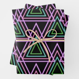Farbige Retro-Neon-Geometrie-Dreiecke in Schwarz a Geschenkpapier Set