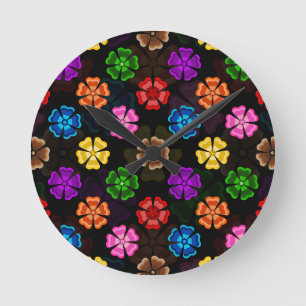 Farbige Retro-Regenbogen-Blumen-Design Schwarz  Runde Wanduhr
