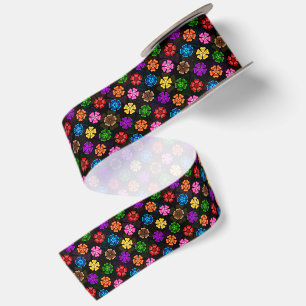 Farbige Retro-Regenbogen-Blumen-Design Schwarz Satinband