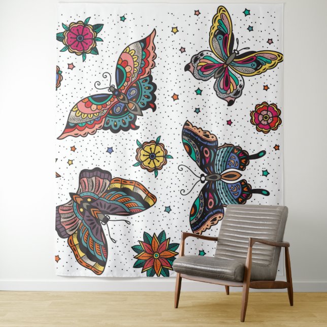Farbige Retro-Schmetterlinge und Blume Wandteppich (Beispiel)