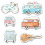 Farbige Retro Wasserfarbe Van Bicycle Gitarre Aufkleber<br><div class="desc">Farbenfrohe Aquarelluhren,  Fahrrad und Gitarre,  Konturaufkleber. Das Set verfügt über zwei blaue Vans,  einen rosa Vans,  einen rostorangefarbenen Van,  eine klassische akustische Gitarre und ein seafoam grünes Bike mit Korb.</div>