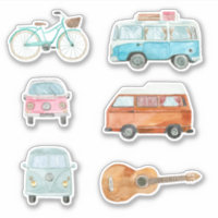 Farbige Retro Wasserfarbe Van Bicycle Gitarre