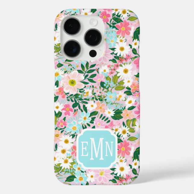 Farbige rosa Blumen-Garten-Monogramm iPhone 16 Pro Hülle (Rückseite)