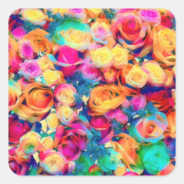 Farbige Rose Bouquet-Aufkleber Diamanten Blume Quadratischer Aufkleber (Vorderseite)