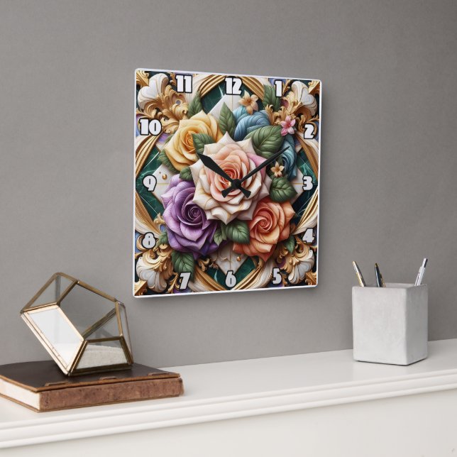 Farbige Rose in dekorativer Blumenordnung Quadratische Wanduhr (Büro)