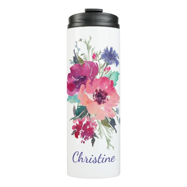 Farbige Rose mit Monogramm Thermosbecher (Vorderseite)