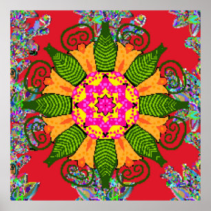 Farbige runde Blumenmandala auf einem roten, grüne Poster