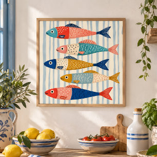 Farbige Sardinenfisch-Kunst - Küstenküchen-Dekor Poster