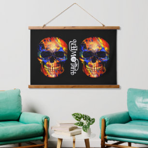 FARBIGE SCHÄDEL SKELETT FRÖHLICHES HALLOWEEN WANDTEPPICH MIT HOLZRAHMEN