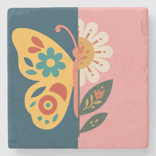 Farbige Schmetterling- und Blumen-Design Steinuntersetzer (Vorderseite)