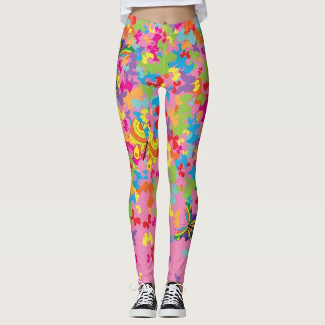 Farbige Schmetterlinge 01.bw Pink BG Leggings (Vorderseite)