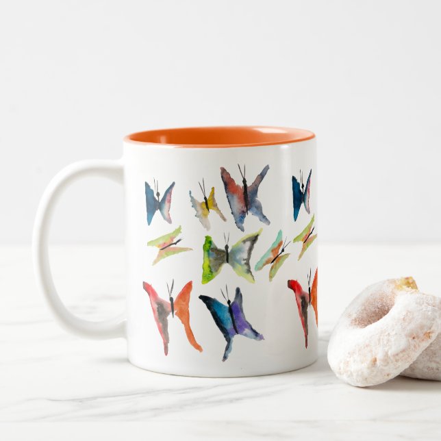 Farbige Schmetterlinge aus Aquarell Zwei-Tone-Kaff Zweifarbige Tasse (Mit Donut)