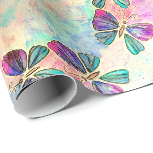 Farbige Schmetterlinge fliegen - Frühling - Wasser Geschenkpapier (Rolleneckpunkt)