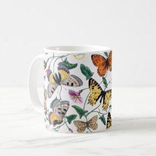 Farbige Schmetterlinge rosa Blumen & grüne Blätter Kaffeetasse
