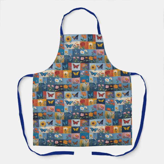 Farbige Schmetterlinge und Wildblumen Patchwork Schürze (Vorderseite)