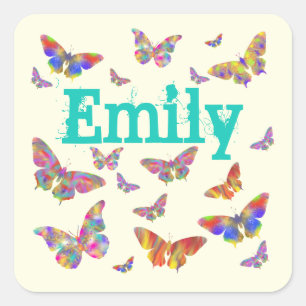 Farbige Schmetterlingskunst Emily Add Name Mädchen Quadratischer Aufkleber
