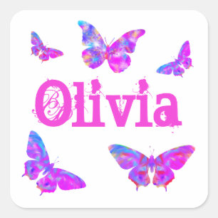 Farbige Schmetterlingskunst Rosa Name Olivia Quadratischer Aufkleber