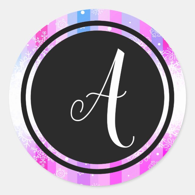 Farbige Schneemonogramm-schwarze Circle-Circle-Auf Runder Aufkleber (Vorderseite)
