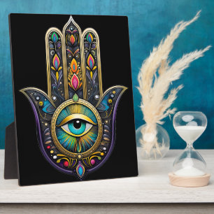 Farbige schwarze Gold Hamsa mit Türkis drittem Aug Fotoplatte