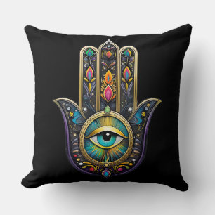 Farbige schwarze Gold Hamsa mit Türkis drittem Aug Kissen