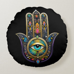 Farbige schwarze Gold Hamsa mit Türkis drittem Aug Rundes Kissen