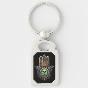 Farbige schwarze Gold Hamsa mit Türkis drittem Aug Schlüsselanhänger