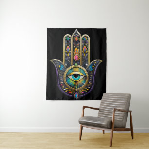 Farbige schwarze Gold Hamsa mit Türkis drittem Aug Wandteppich