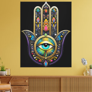 Farbige schwarze Gold Hamsa mit türkisfarbenem Dri Leinwanddruck