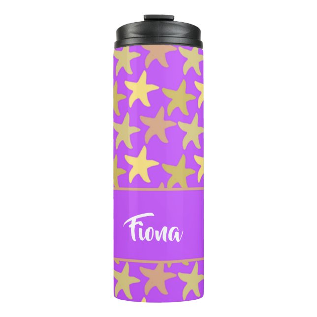 Farbige Seesterne auf lila Thermosbecher (Vorderseite)