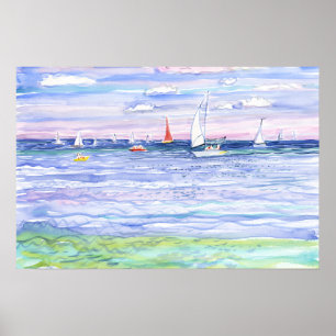Farbige Segelboote auf blauem Meer Aquarell Poster
