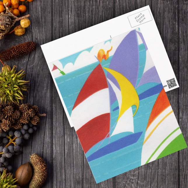 Farbige Segelboote Postkarte (Abstract colourful sailboats in blue lake sky clouds on postcard.)