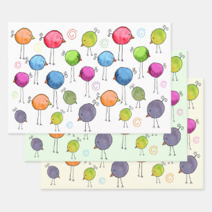 Farbige skurrile Vögel Geschenkpapier Set