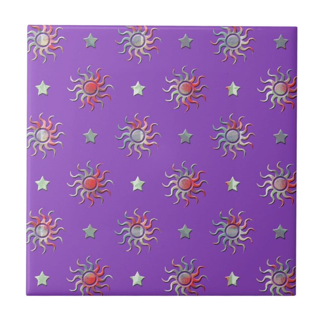 Farbige Sonne und Sterne Design Fliese (Vorderseite)