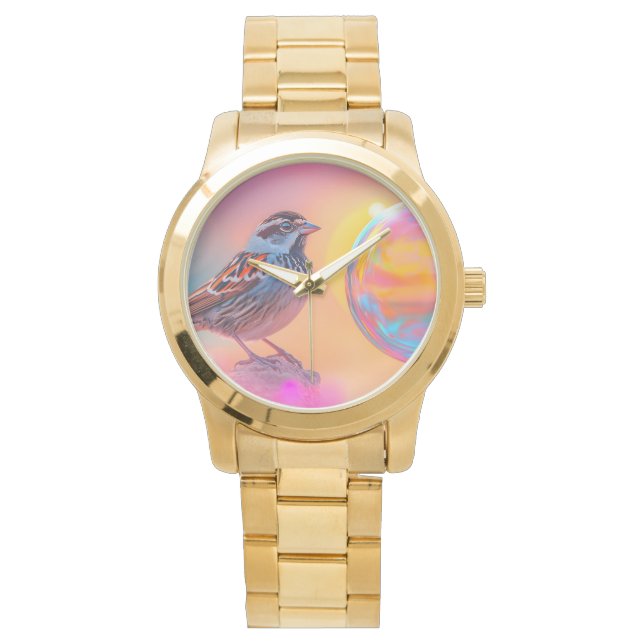 Farbige Sparrow und Regenbogenblase Armbanduhr (Vorderseite)