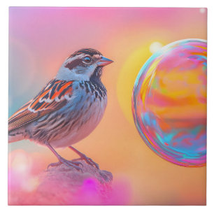 Farbige Sparrow und Regenbogenblase Fliese