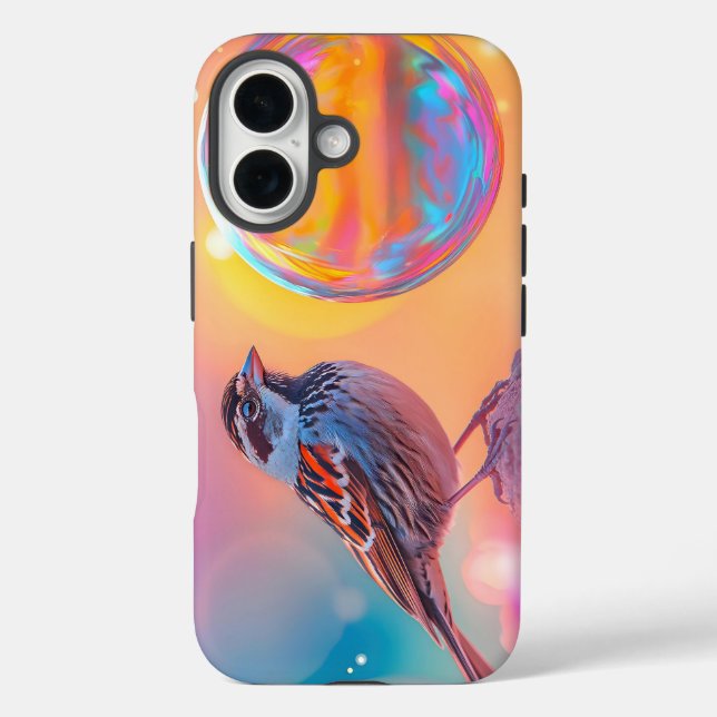 Farbige Sparrow und Regenbogenblase iPhone 16 Hülle (Rückseite)