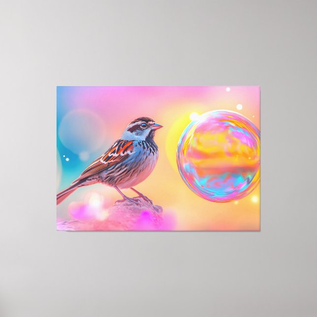 Farbige Sparrow und Regenbogenblase Leinwanddruck (Vorderseite)