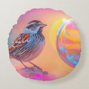 Farbige Sparrow und Regenbogenblase Rundes Kissen