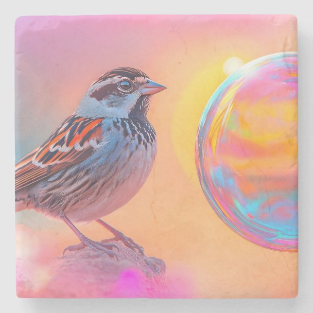 Farbige Sparrow und Regenbogenblase Steinuntersetzer (Vorderseite)